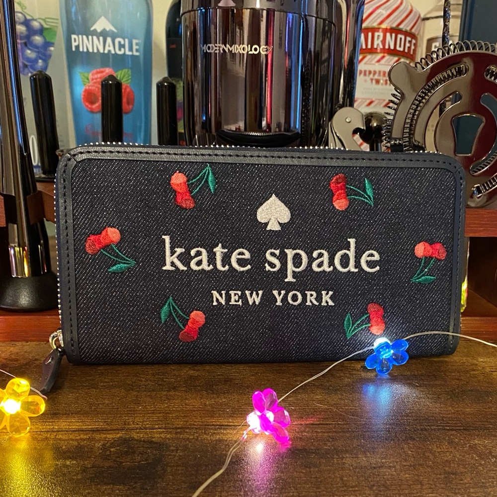 Kate Spade NWT blue multi colored embroidered denim cherry long wallet $110